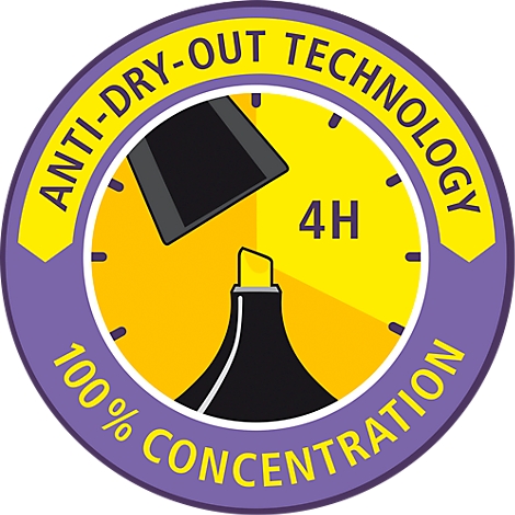 Round sticker with text: ANTI-DRY-OUT TECHNOLOGY, 100% CONCENTRATION. A yellow felt-tip pen on a yellow background.