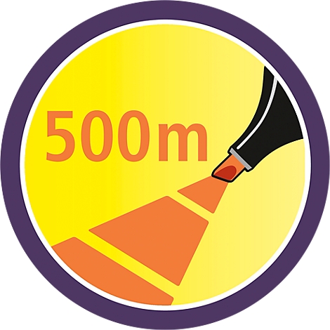 Round yellow background with purple border. Orange text "500m" with orange marker running out.