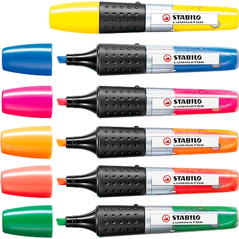 Six highlighters in different colors, with caps off. Each one says 'STABILO LUMINATOR'.