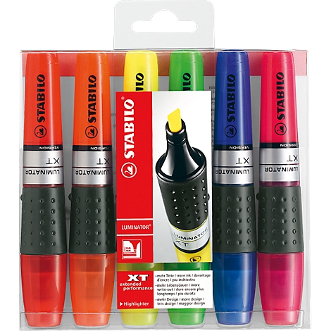A set of colorful STABILO highlighters in a transparent package. Printed logos and product names.