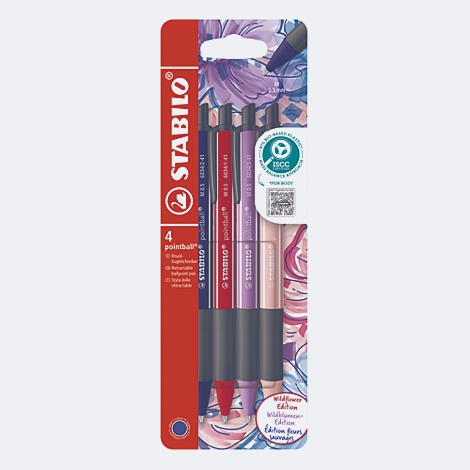 Packung mit vier STABILO paintball Markern. Farben: blau, rot, violett, rosa. Verpackung mit Blumenmuster, Herstellerlogo.