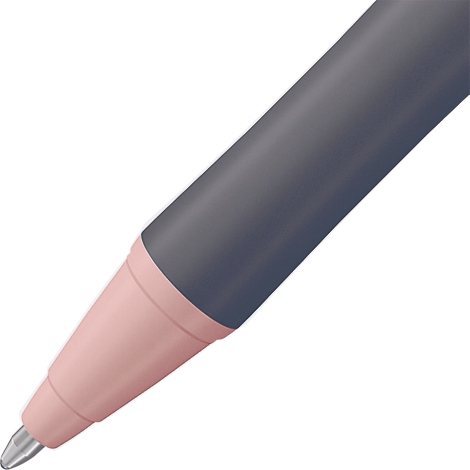 Nahaufnahme eines Stifts, dessen Spitze aus grauem Gehäuse mit rosafarbener Spitze hervorsteht.
