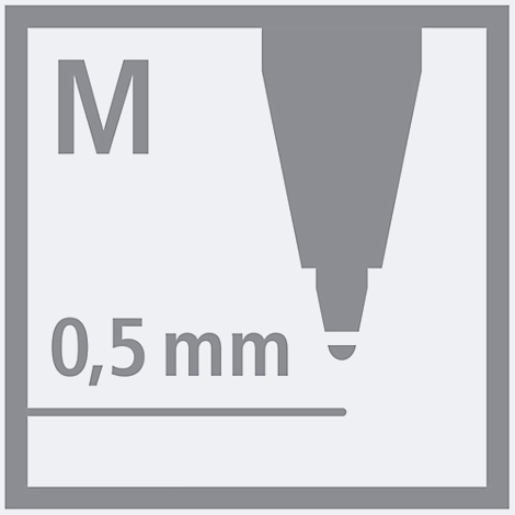 Graues Quadrat mit Stiftspitze. 'M', '0,5 mm' und eine Linie sind zu sehen.