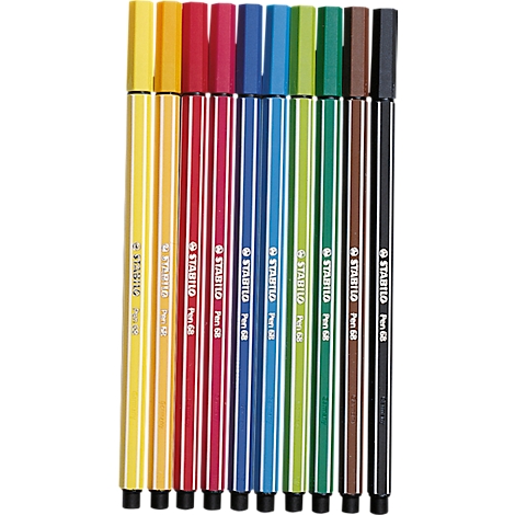 Nine colorful felt-tip pens stand upright. Each pen has a different color with the brand logo.