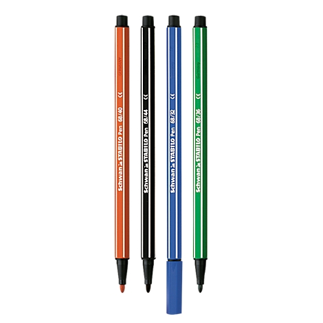 Four felt-tip pens in orange, black, blue and green. Each pen has the writing "Schwan-STABILO Pen".
