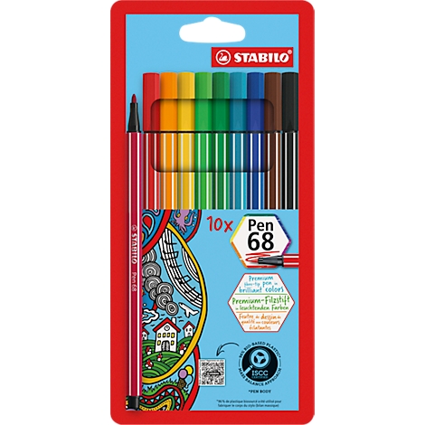 Pack of colorful STABILO Pen 68 felt-tip pens. A single pen and the pack itself are edged in red. The packaging says "10x Pen 68."