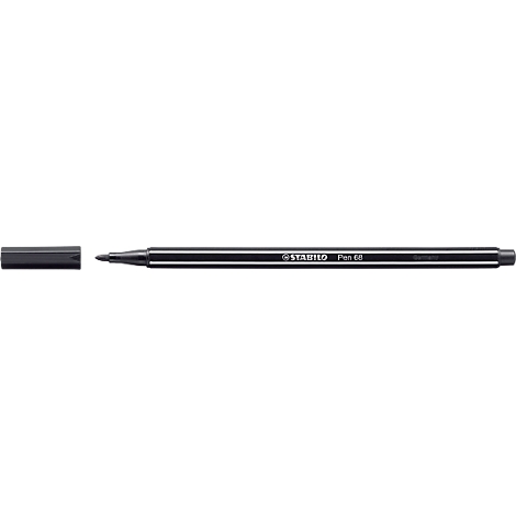 A black felt-tip pen with the cap on. The felt-tip pen is arranged horizontally.
