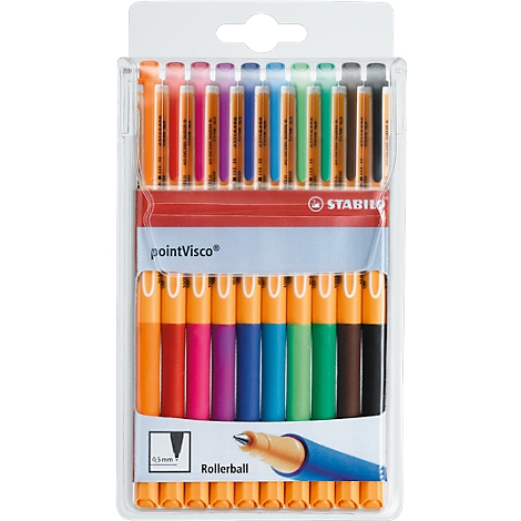 Package of Stabilo pointVisco rollerball pens, various colors, packaged in plastic.