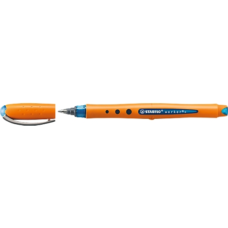 An orange highlighter with a blue pen end and clip. The highlighter has the words "STABILO worker" on it.