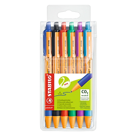 Stabilo pen set. Multicolored ballpoint pens in a plastic package. With yellow body and colored caps and tops.