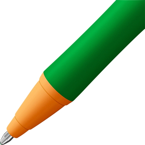 Close-up van een pen: groene schacht, oranje punt, zilveren penpunt.