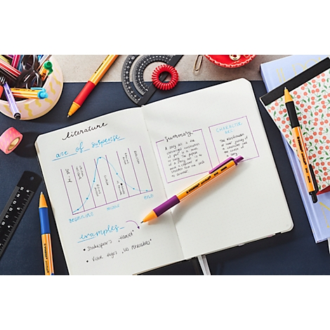 Een notitieboek met handgeschreven notities en diagrammen, omringd door pennen en schrijfgerei.
