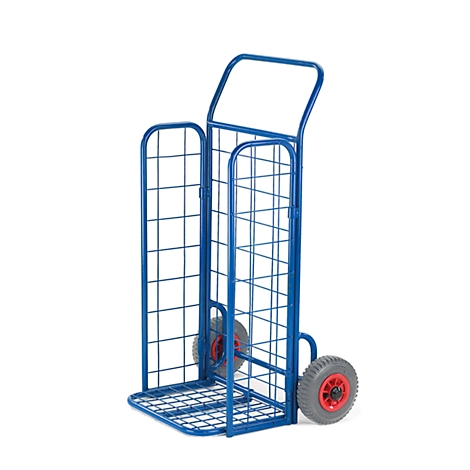 Blue transport cart with a grid frame and two wheels with red hubs.