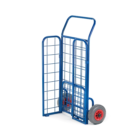 Blue hand truck against white background. Grid, two wheels, red hub ring. Handle.