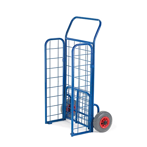 Blue grid cart photographed on a white background. The cart has a wheel with a red hub.