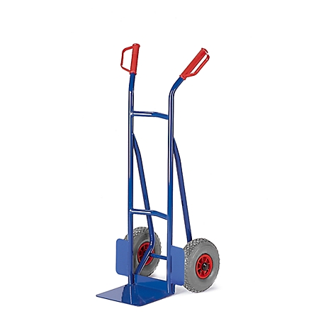 Blue hand truck with red handles and two wheels against a white background.
