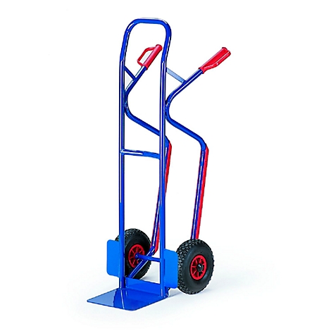 Blue hand truck with red handles and wheels. Standing against a white background.
