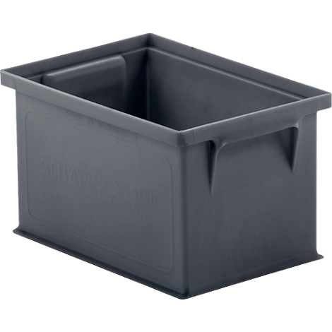 Gray plastic box with a rectangular shape. There are carrying handles on the sides.