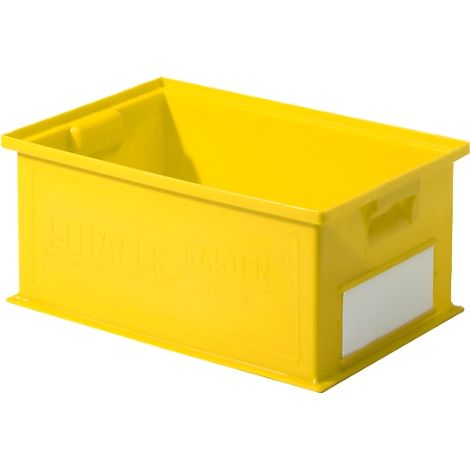 Yellow plastic box with handles, lettering and white label. Inscription: SCHAULOCHMEISTER.