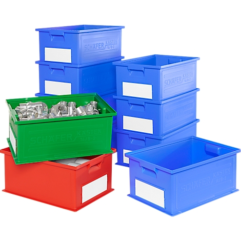 Various colored boxes, one filled with metal parts.