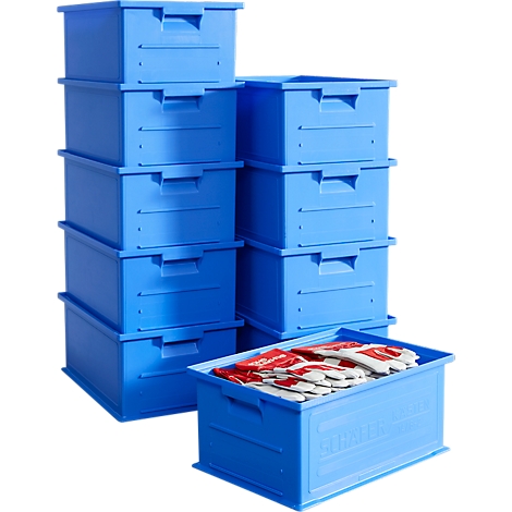 Blue crates, some stacked. One crate is filled with red and white gloves.