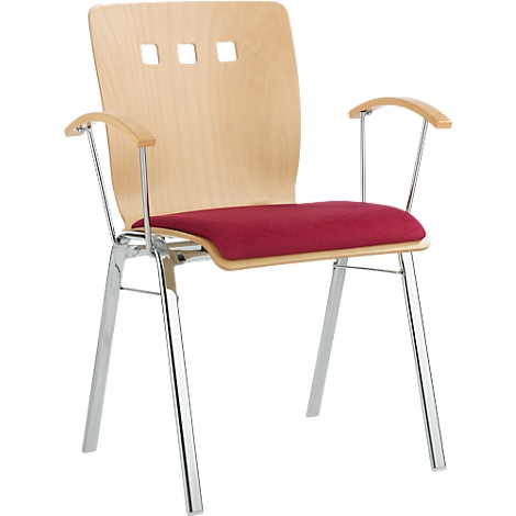 Chair with wooden back and armrests, red seat cushion, and chrome frame. Three square openings at the top.