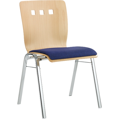 Chair with light wood back, blue seat, chrome frame.