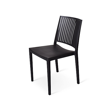 Black plastic chair. The backrest has vertical slats. On a white background.