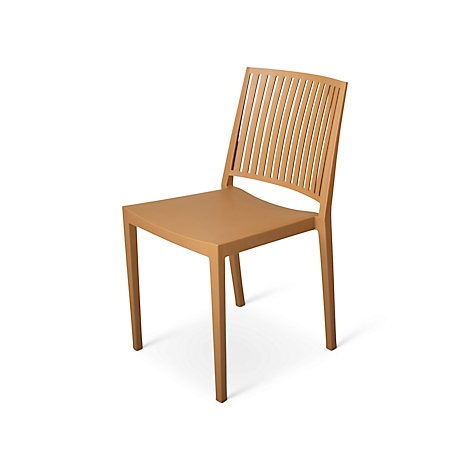 Beige chair with a slatted back, seat, and legs, against a white background.