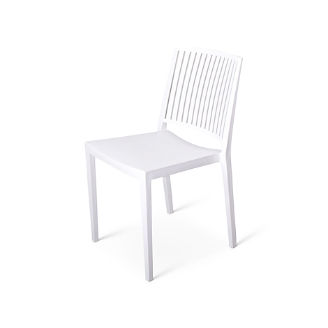 White chair on white background. The chair has a ribbed back and four square legs.