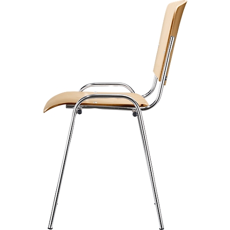 Chair with wooden back and seat, chrome frame, side view.