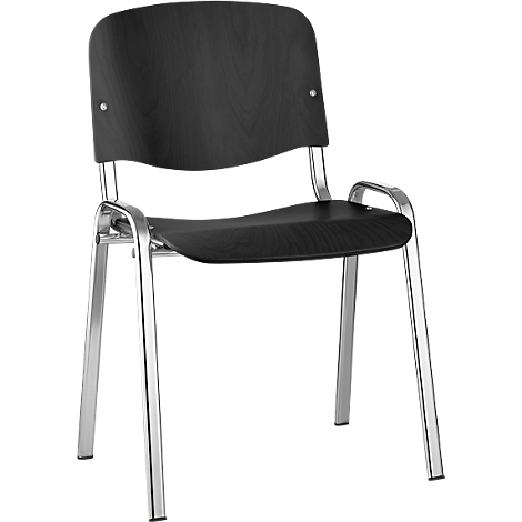 Black chair with wooden back and seat, chrome-colored frame.