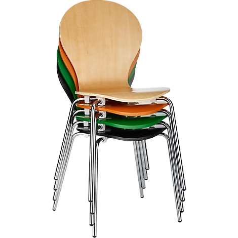 Stacking chair, set of 4, W 470 x D 440 x H 450 mm, stackable up to 4 pieces, wood &amp; tubular steel, chrome-plated, natural