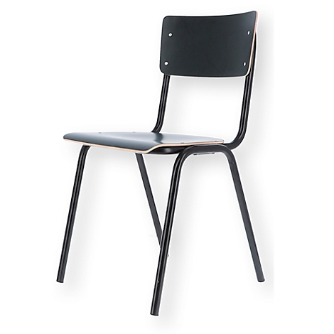 Black chair with four black legs and backrest on a white background.