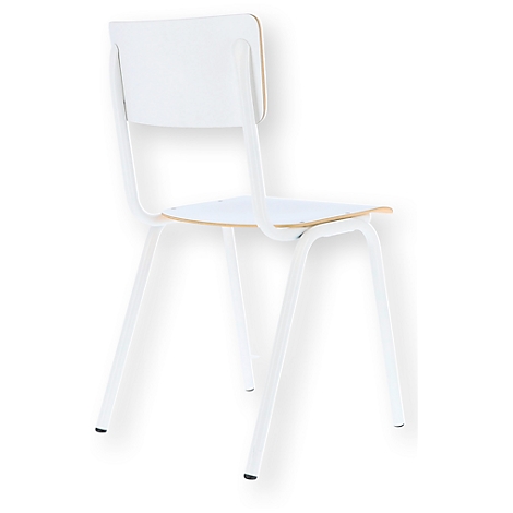 White chair with wood look, metal frame, back view.