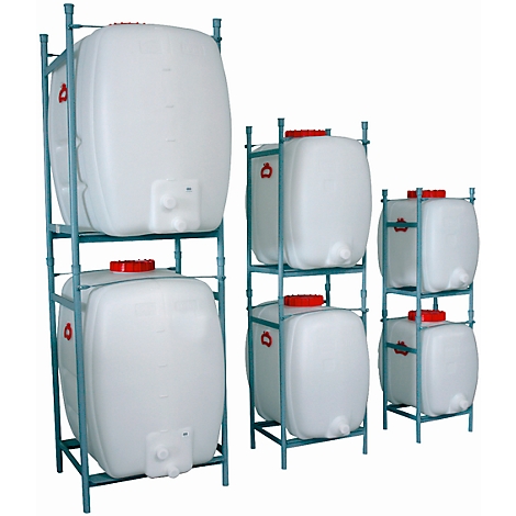 White plastic tanks in metal racks. Red lids, taps, and blue metal frames.