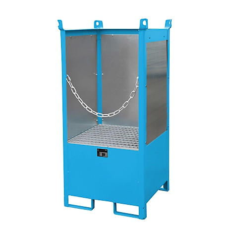 Blue painted metal basket with chain, metal mesh floor, detailed view.