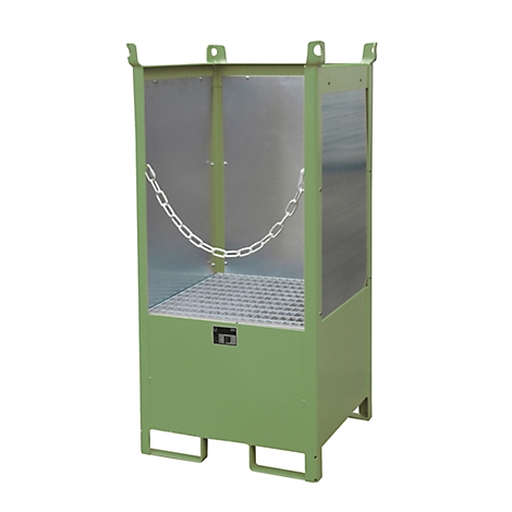 Green metal container with chain and grid floor.