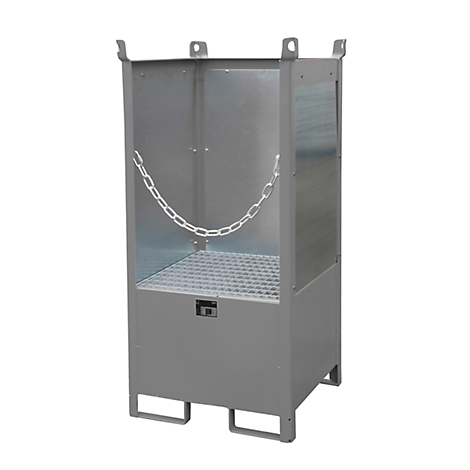 Gray metal container, open top, chain and grid floor, metal brackets.