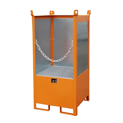 Orange metal box with chain, grid floor, and handles. Neutral background.