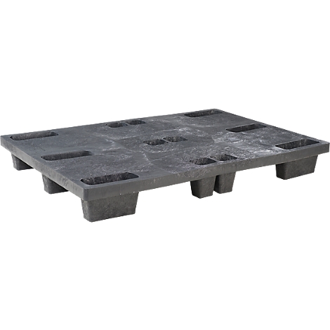 Dark gray plastic pallet with rectangular openings and feet.