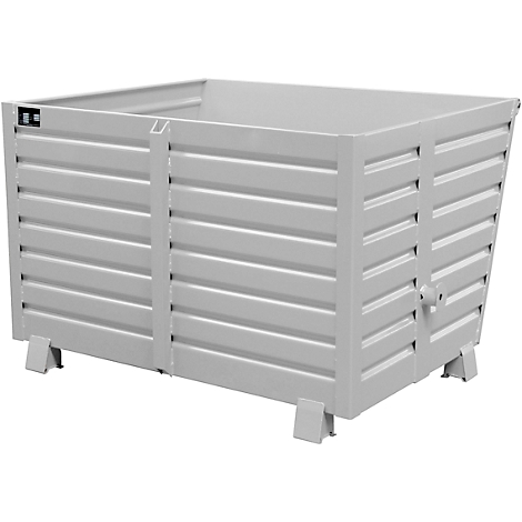 A gray, rectangular container with horizontal bars on the sides stands on feet.