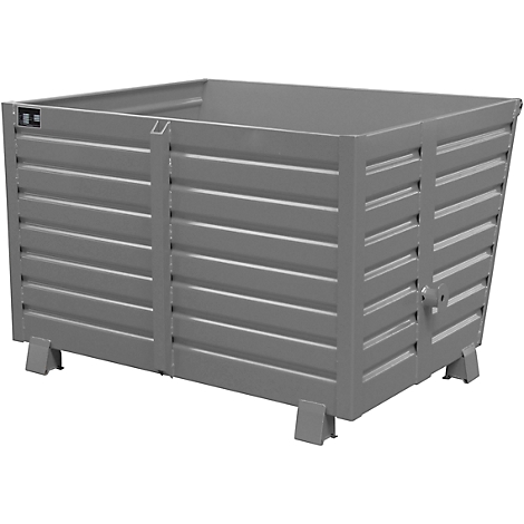 Grey metal box with horizontal ribs, on small legs. The box has a rectangular shape.