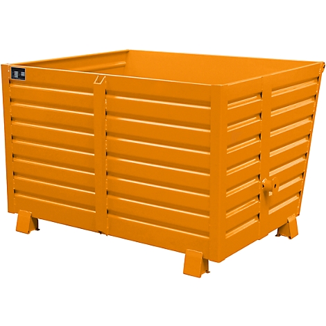 An orange, box-shaped metal crate with ribbed sides and legs.