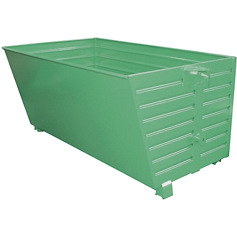 Green metal container with sloped sides and a handle. The sides are ribbed.