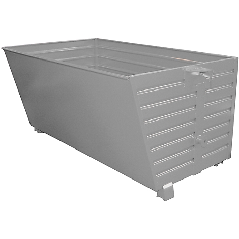 Gray, rectangular metal container, tapering towards the front. Sides are ribbed horizontally; a handle protrudes.