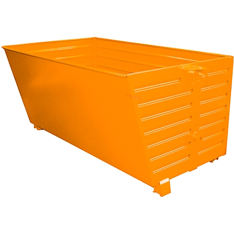 Orange rectangular metal container. Horizontal stripes on the sides and an opening on the upper edge.