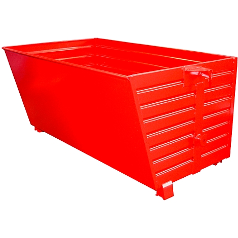 Red metal skip with sloping sides. There is a vertical strut on one side.