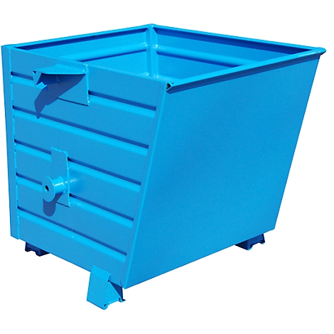 Blue painted tipping container. Rectangular shape, sloping sides, details like bracket and feet.