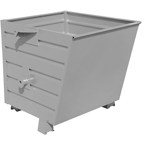 Gray, rectangular steel container, beveled and with feet.